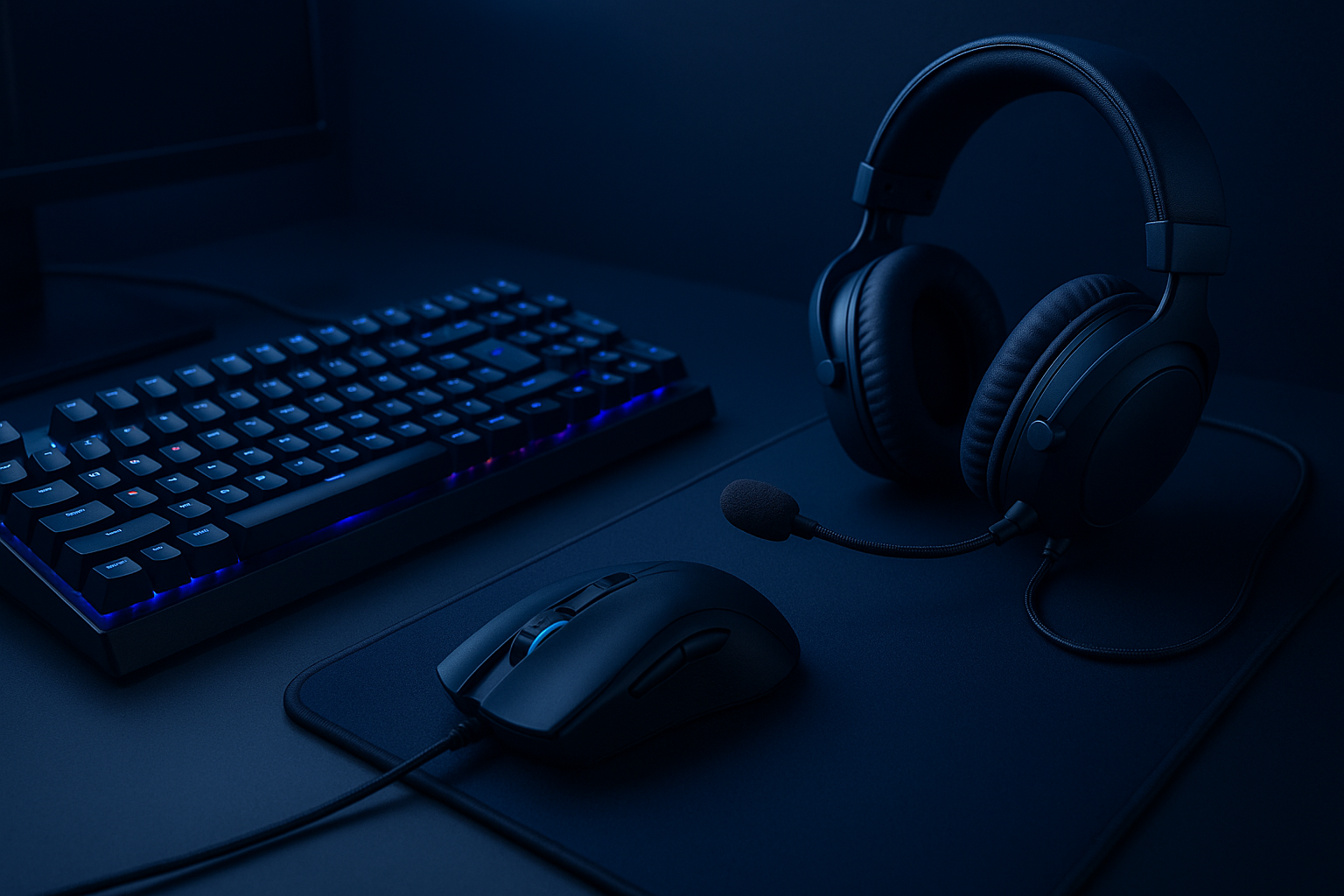 gamer, azul maruino, con teclados, ratones y cascos gamer